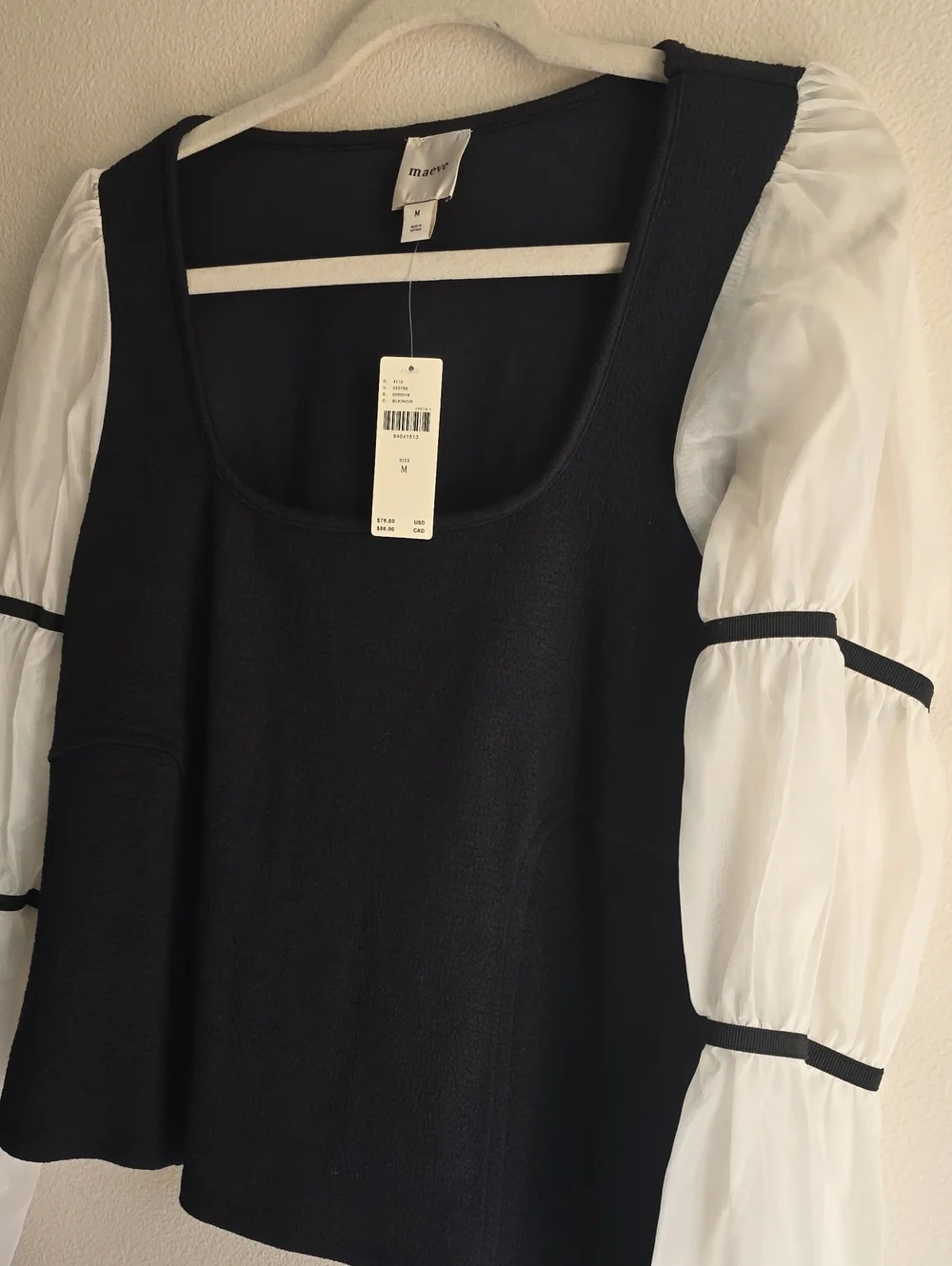 Anthropologie Black  Top with White Puff Sleeves